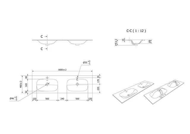 Servant NEA 160dbl 160x46x1,5cm solid surface hvit matt 