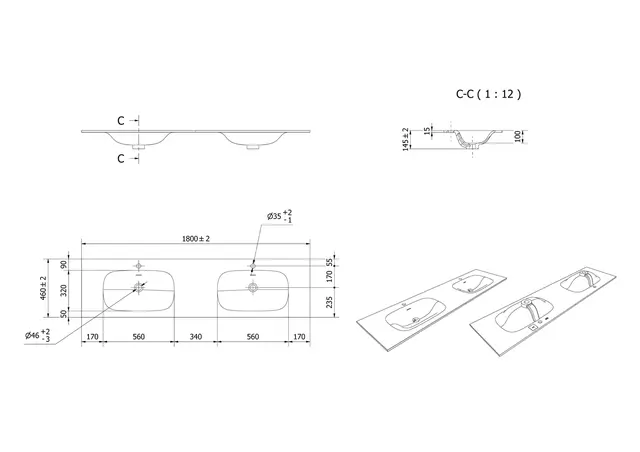 Servant NEA 180dbl 180x46x1,5cm solid surface hvit matt 
