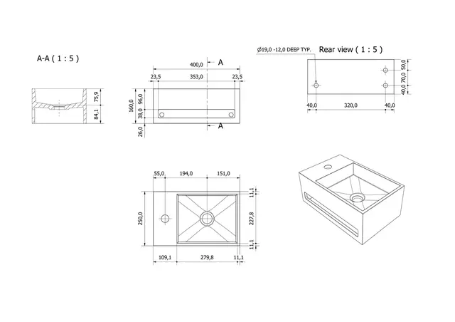 Servant vegghengt TALE V venstre solid surface hvit matt 