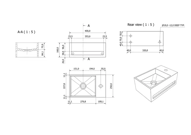 Servant vegghengt TALE H høyre solid surface hvit matt 