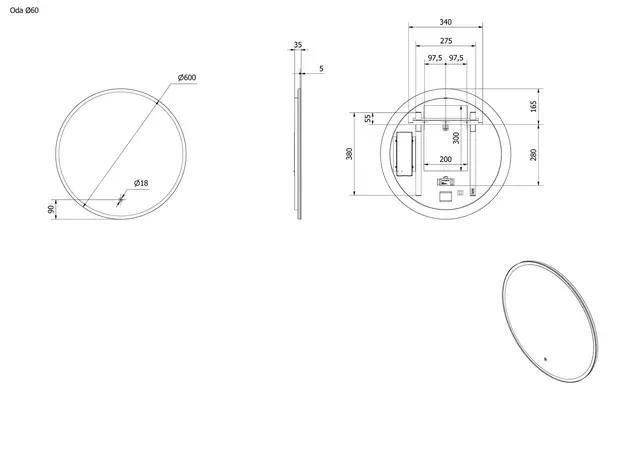 Speil ODA 60 Ø 60x3,5cm led-lys 
