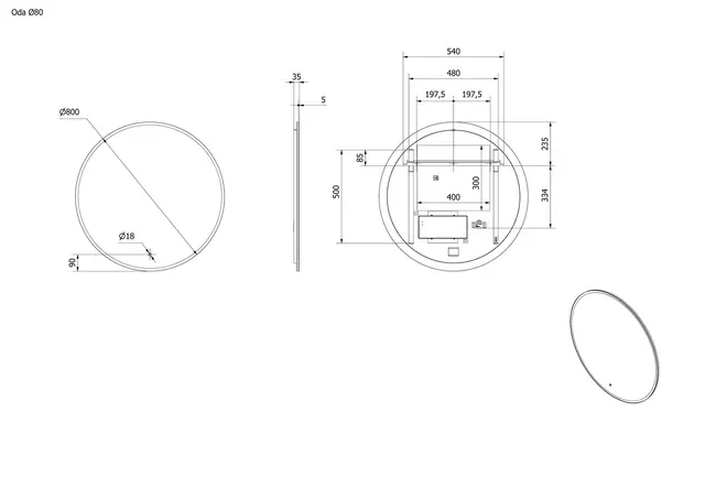 Speil ODA 80 Ø 80cm led-lys 