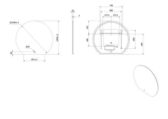 Speil VOE 120 Ø 120cm (b 69 cm) led-lys 