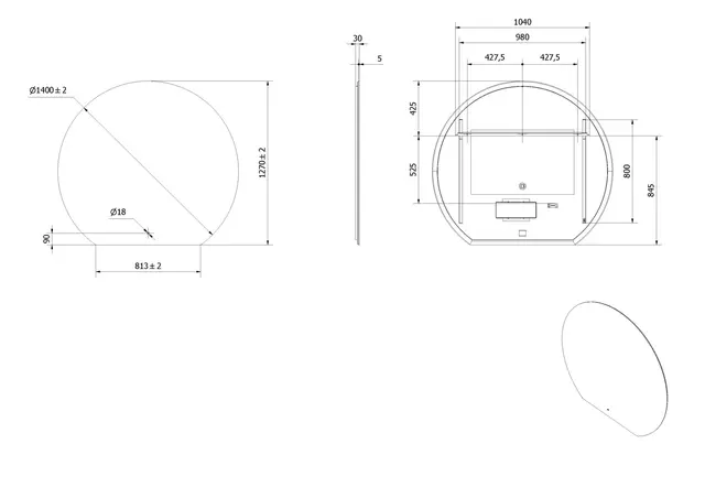 Speil VOE 140 Ø 140cm (b 81 cm) led-lys 