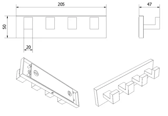 Knaggrekke med 4 kroker rett LUNA børstet grå (monter m/lim el.skrue) 