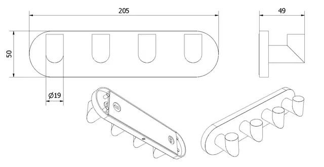 Knaggrekke med 4 kroker rund LUNA børstet messing (monter m/lim el.skrue) 
