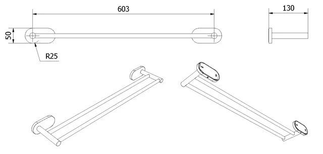 Håndklestang rund dobbel LUNA børstet messing (monter m/lim el.skrue) 