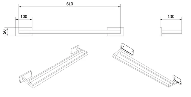 Håndklestang rett dobbel LUNA børstet messing (monter m/lim el.skrue) 