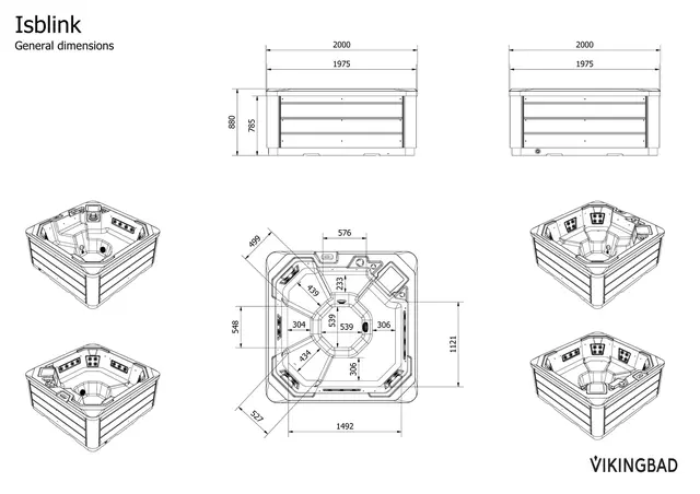 Utendørs massasjebad Vikingbad ISBLINK 200x200cm sterling silver/grå med lokk 
