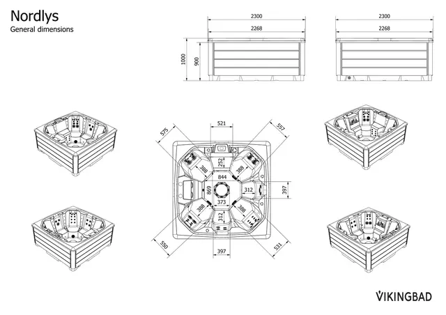 Utendørs massasjebad Vikingbad NORDLYS 230x230cm sterling silver/grå med lokk 