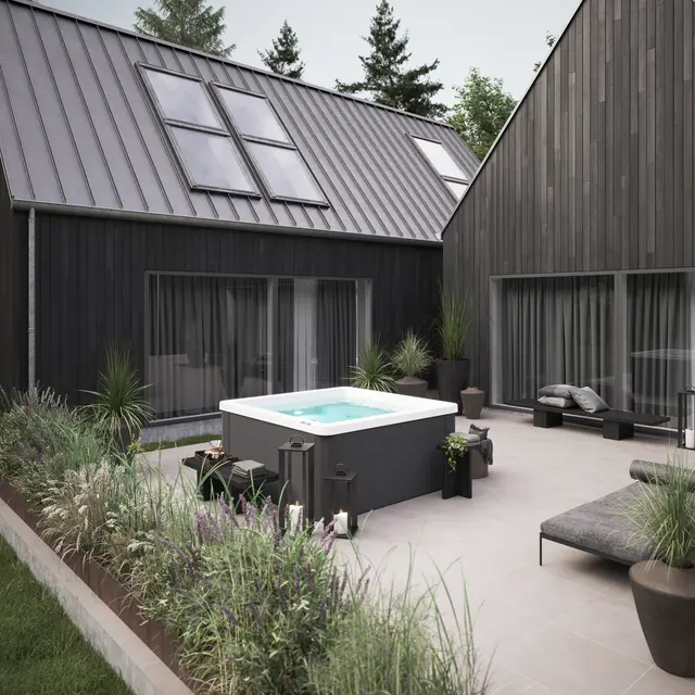 Utendørs massasjebad Vikingbad SOLGLIMT 190x190cm hvit perlemor/grå med lokk 