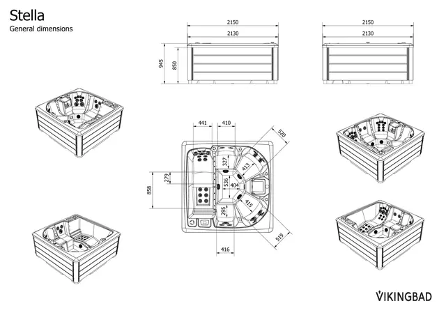 Utendørs massasjebad Vikingbad STELLA 215x215cm sterling silver/grå med lokk 