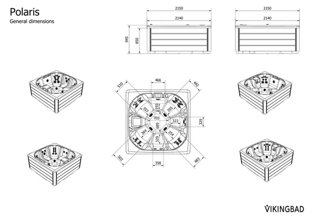 Utendørs massasjebad Vikingbad POLARIS 215x215cm sterling silver/grå med lokk 